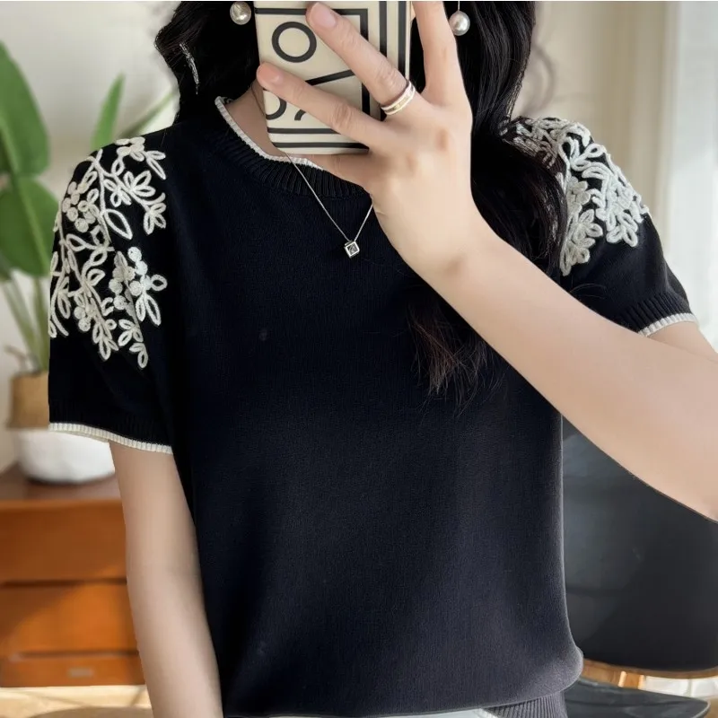 2023 Summer New Ice Silk Knitwear Round Neck Double Shoulder Embroidered T-shirt Unique Design Short Sleeve Women\'s Thin Top