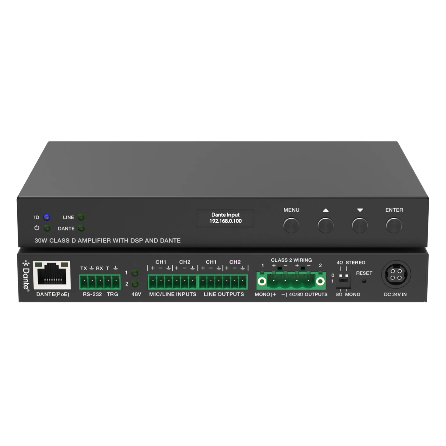 

2x15W Class D Audio Amplifier with dant and Line/Mic Inputs (4/8ohm) dant 2x2 and AES67 Audio Input/output