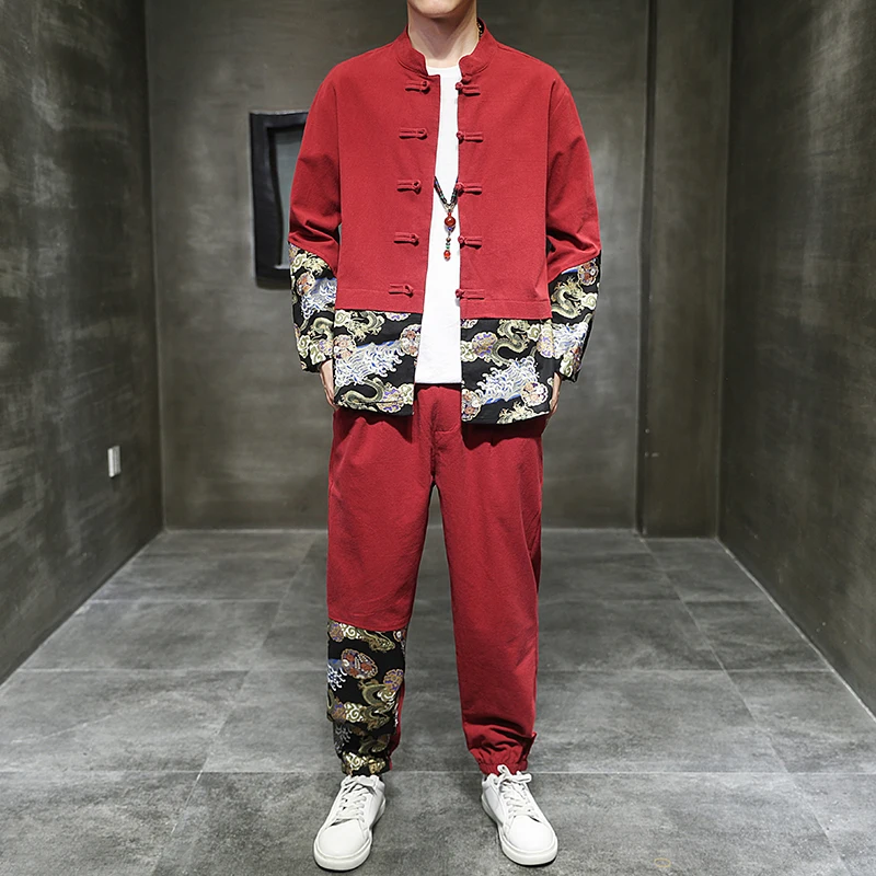 （Coats +Pants）Two piece set Men Chinese Style Tang Suit Linen Cotton Shirt Men Casual Loose Jacket Retro Kungfu Tai Chi Trousers