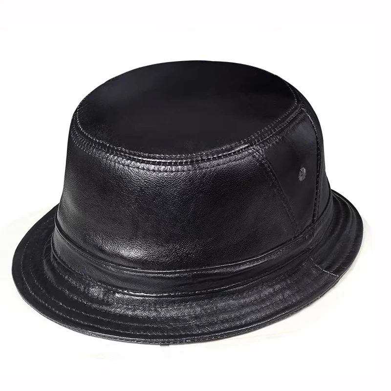 Unisex Genuine Leather Flat Bucket Hats Male Outdoor Potted Short Brim Black/Brown Hip Pop Gorras Elderly Literature Fishing Cap