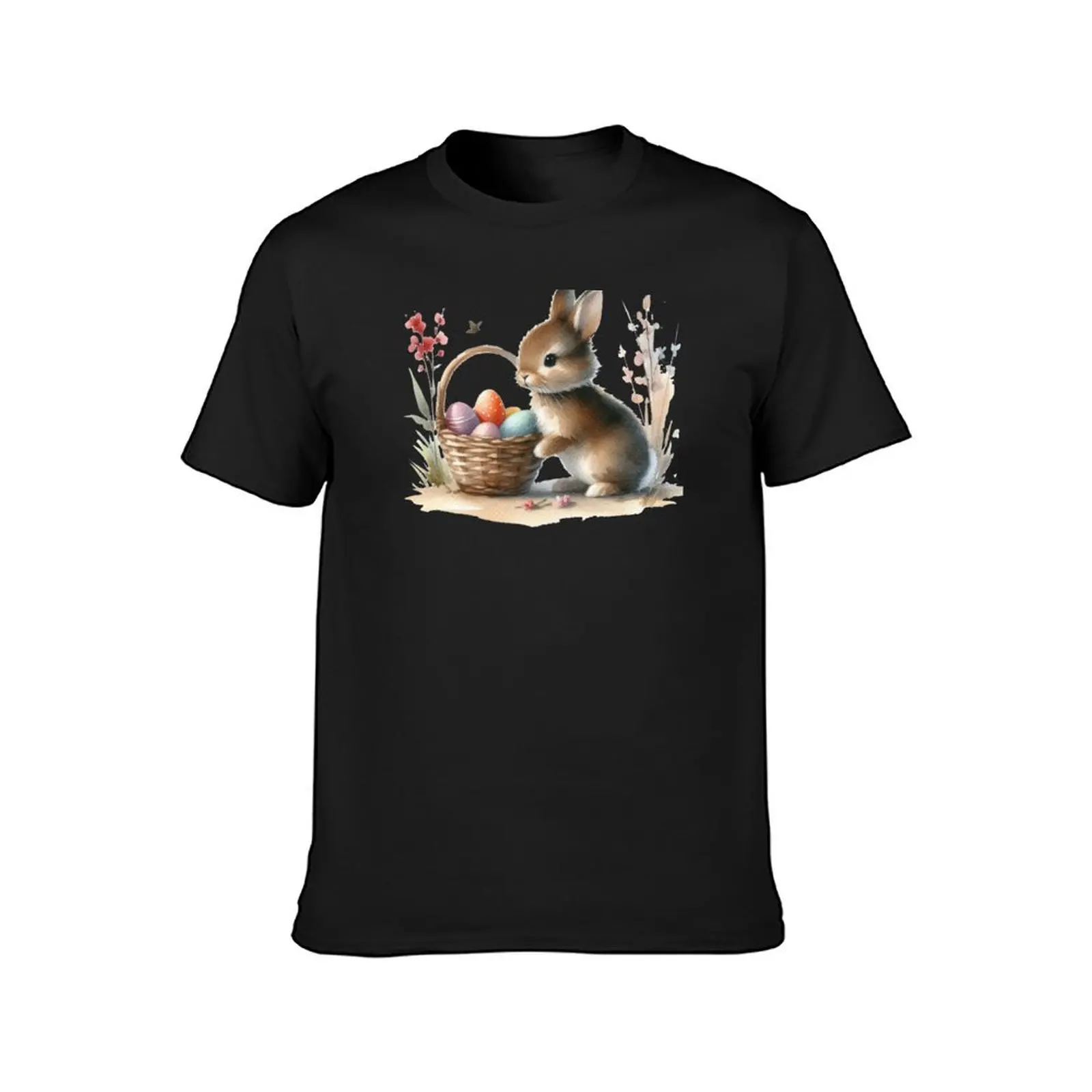 A brown baby rabbit holding a multicolored Easter egg basket. T-Shirt summer tops plus size tops mens graphic t-shirts pack