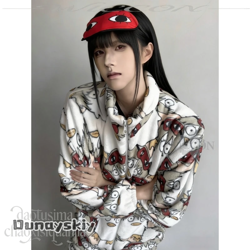 

Amanda Cos*Sougo Fanart Flannel Pajamas Cute Cartoon Pattern Original Design White Furry Coat Pants Birthday Gifts Cosplay Anime