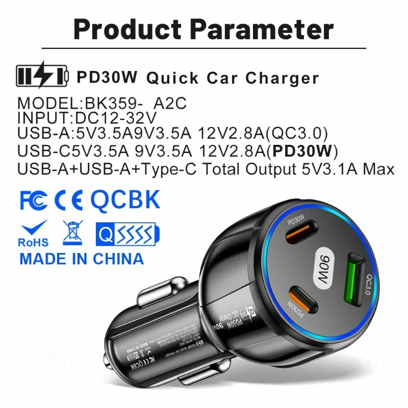 3-in-1 Car Charger 90W QC3.0 PD Type C USB High Quality Universal Moblie Phone Fast Charging and Adapter Auto Accessories