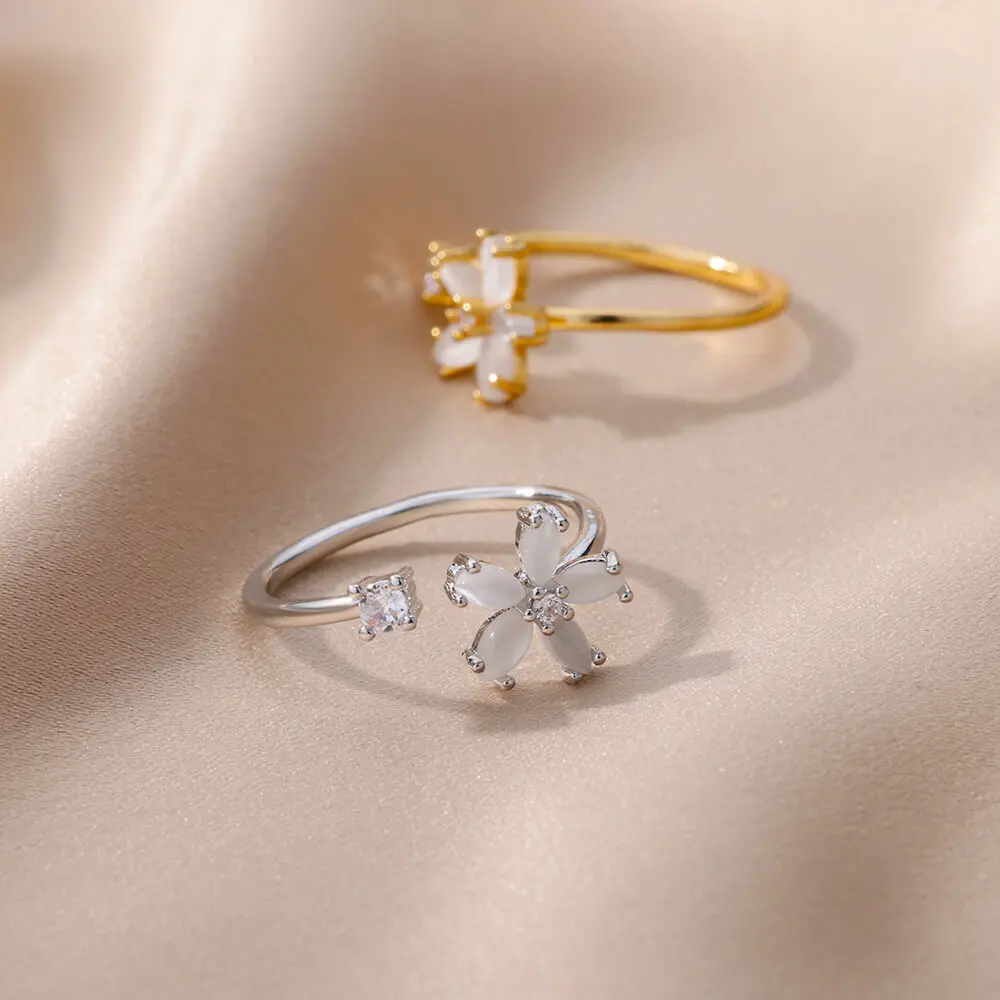 Opal Flower Rings For Women Cubic Zirconia Openning Stainless Steel Flower Ring Wedding Floral Aesthetic Jewelry anillos mujer image 5