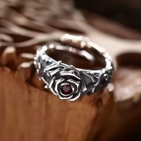 Retro Eternal Vines &amp; Red Heart Rose Adjustable Open Ring For Men Silver-plated Copper Punk Gothic Edgy Jewelry Accessories Gift