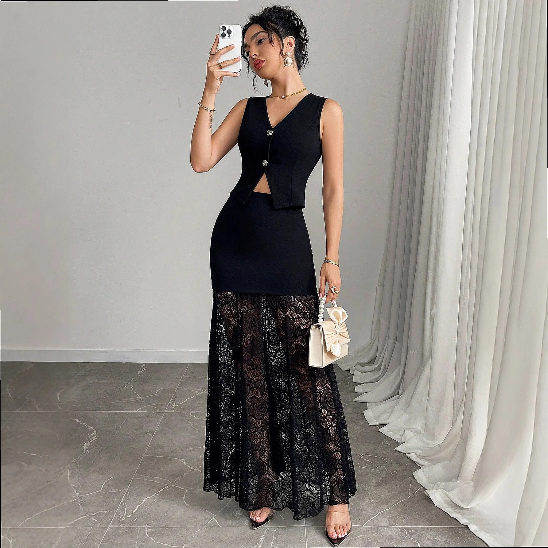 Women Vest and Lace Spliced Skirt Matching Set Spring Summer Lady Two Piece Outfits