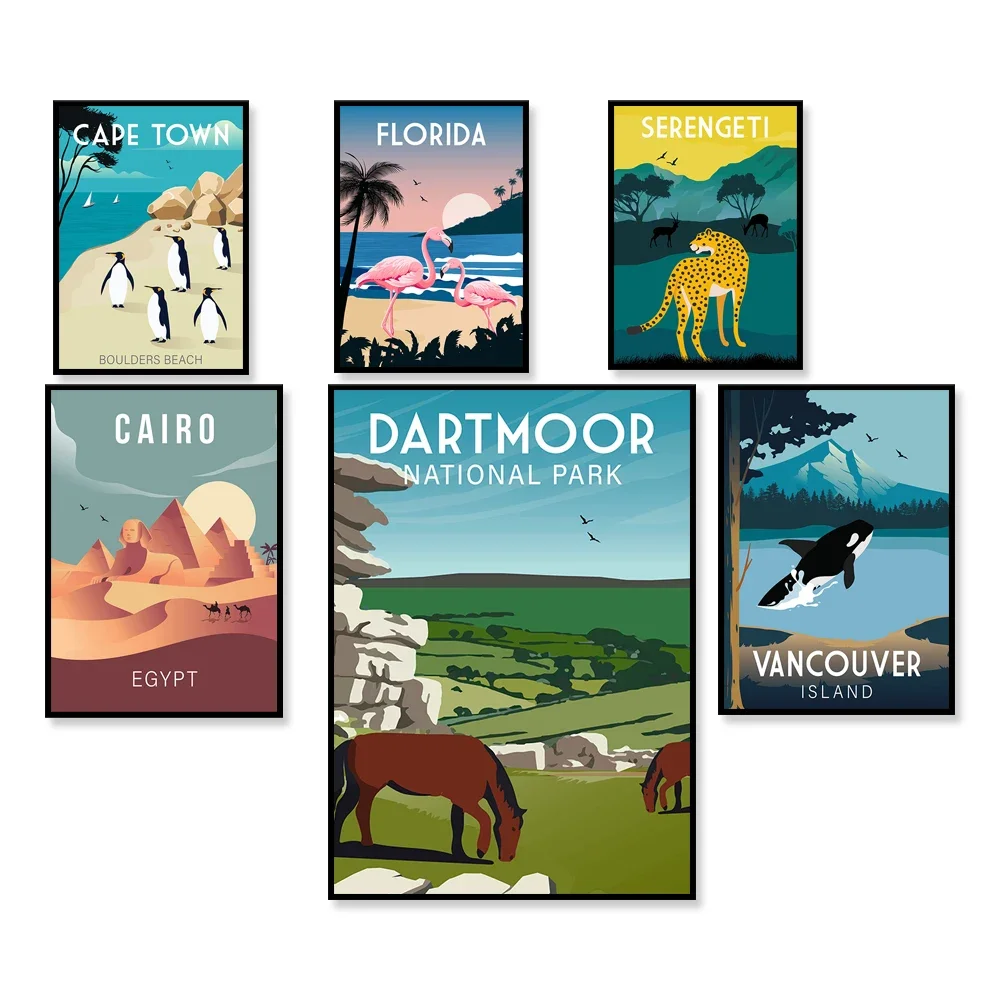 Travel posters, Dartmoor, Vancouver Island, Cape Town, Key West, Florida, Tanzania Serengeti, Cairo, Egypt travel posters