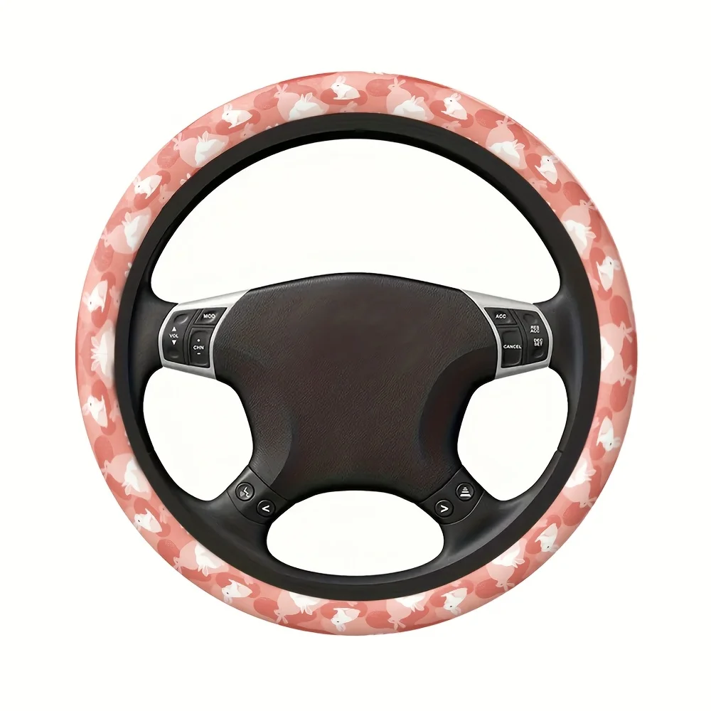 A Car Steering Wheel Cover Featuring a Rabbit Design, Symbolizing New Life And Spring for Easter. It Serves As a Beautiful