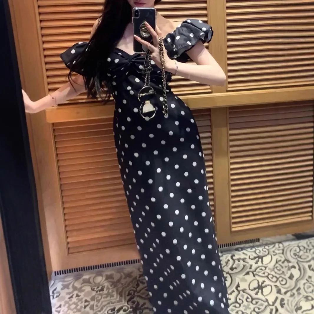 

Women's Slash-Neck Dress, Dot Print Dress, Streetwear, 2025