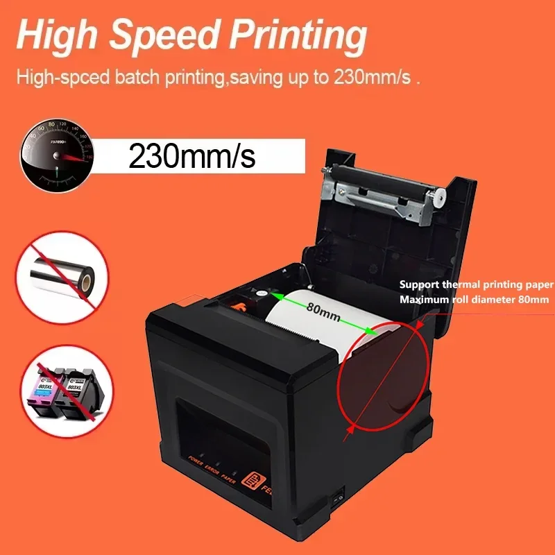 80mm Thermal Receipt Auto Cut Desk Printer Portable Automatic Cutter Restaurant Kitchen POS USB Serial LAN Bluetooth Printers