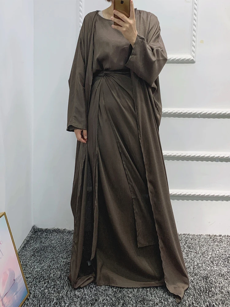 

Women's Open Kimono Abaya with Hijab, Wrap Tie and Skirt, Casual, Daily, Turkish, African, Dubai, Solid, Fashion, 4 Piece Set