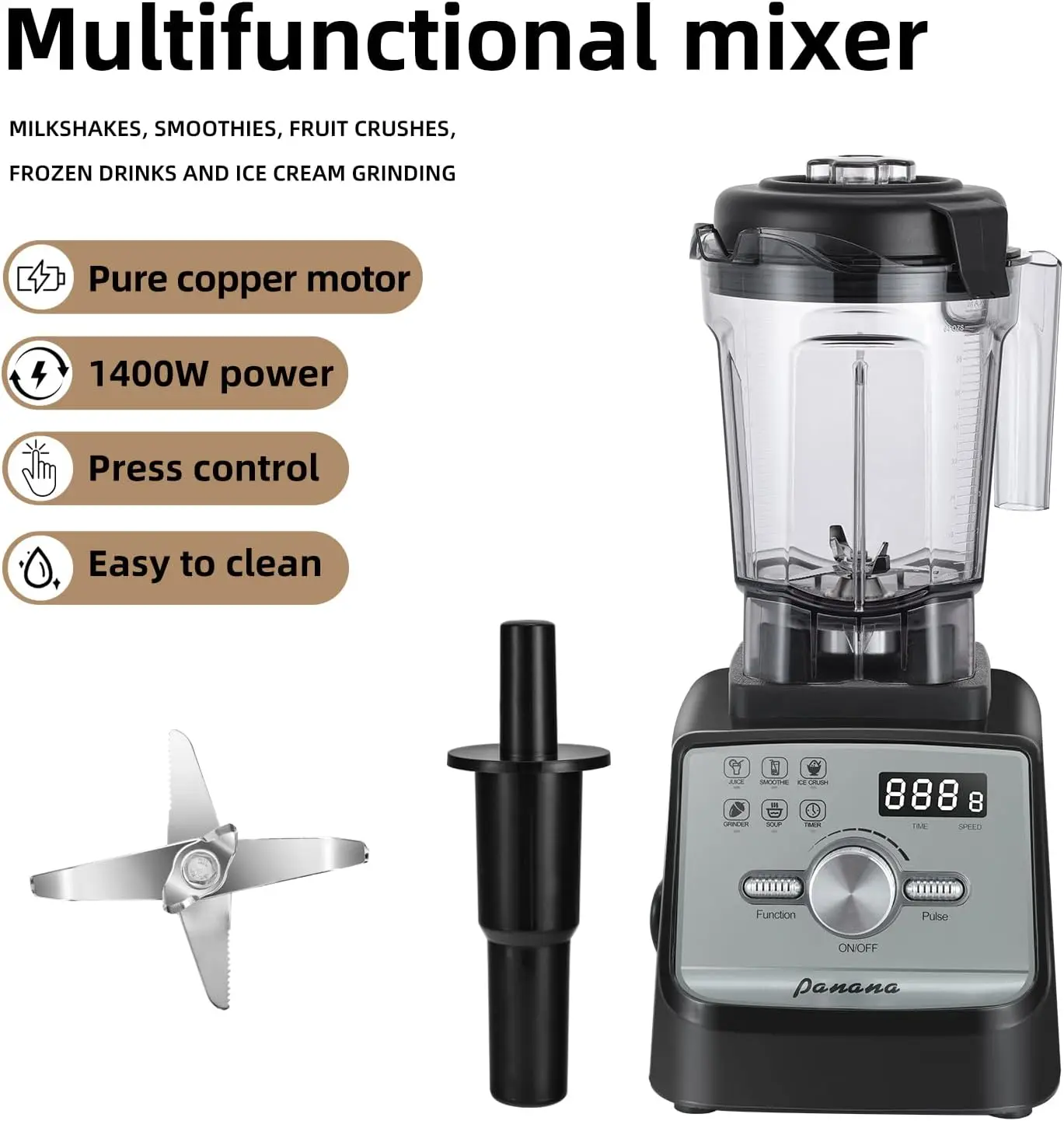 เครื่องปั่นมืออาชีพ, เครื่องปั่นบนเคาน์เตอร์, เครื่องปั่นสมูทตี้สําหรับบ้าน, ความจุขนาดใหญ่ 1400W 68 ออนซ์พร้อมฟังก์ชั่นอัจฉริยะ 5 ฟังก์ชั่นสําหรับน้ําแข็ง