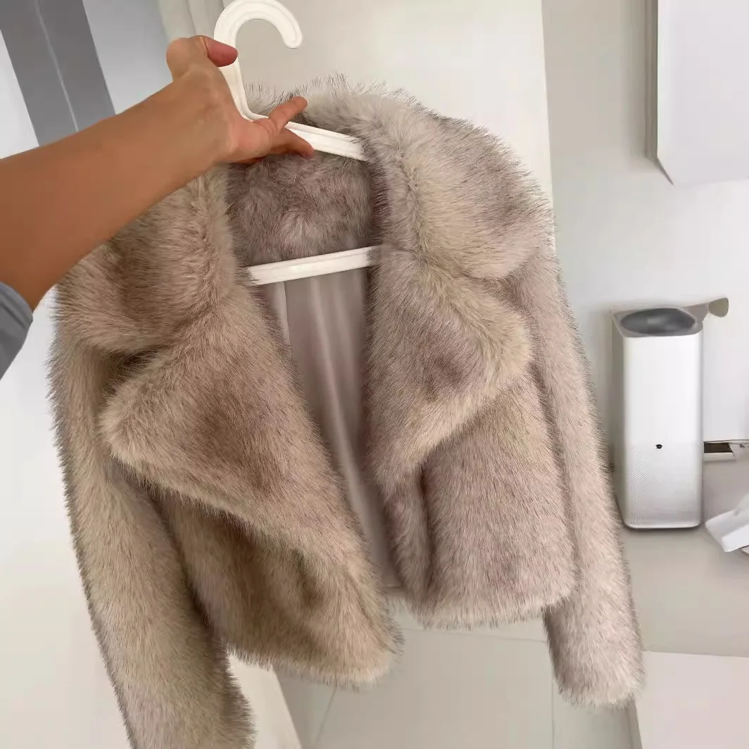 Luxury Faux Fox Fur Cropped Jacket for Women Winter Fluffy Cozy Warm Coats Female Fashion Street Lapel Collar Plush Outerwear