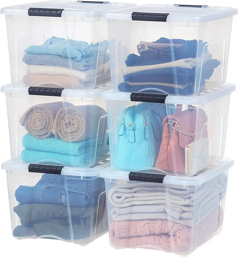 

USA 40qt 6Pack Stackable Plastic Storage Bins with Lids and Latching Buckles, Clear