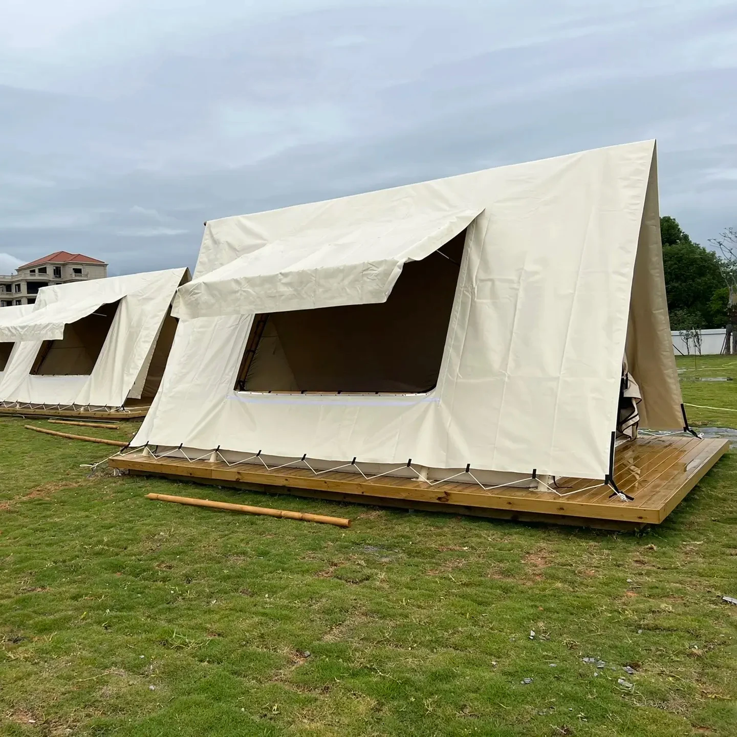 Double Layer Glamping Tent With A-shaped Canvas Roof Round Wood Skeleton For Outdoor Campsite Living Bed Triangle For Camping