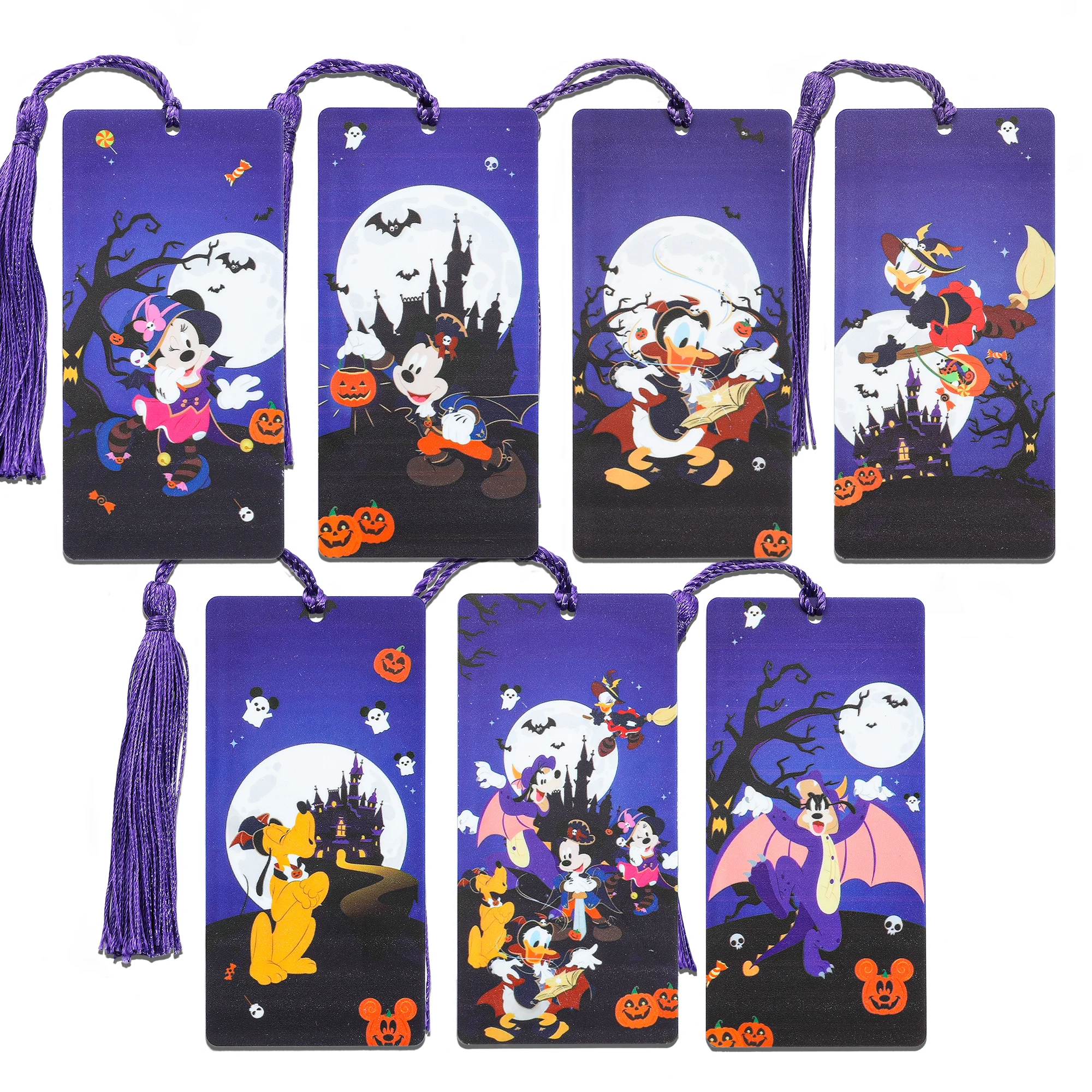 New Halloween Disney Mickey Mouse and Donald Duck Creative Bookmark with Tassel Purple Castle Pumpkin Bat Art Book Mark Gifts