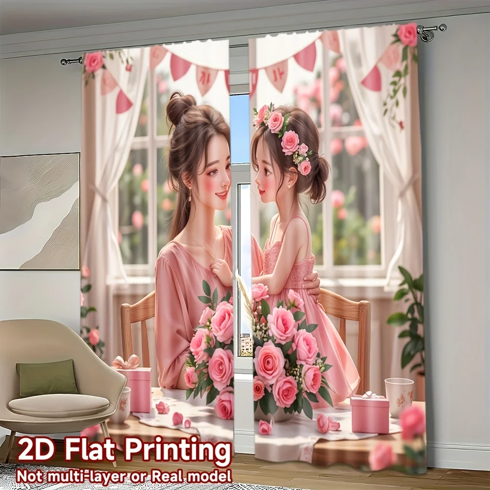 Elegant Floral Print Curtains Set Blush Pink Rose Decoration Drapes for Bedroom Window Treatment Romantic Cottagecore Boho Home