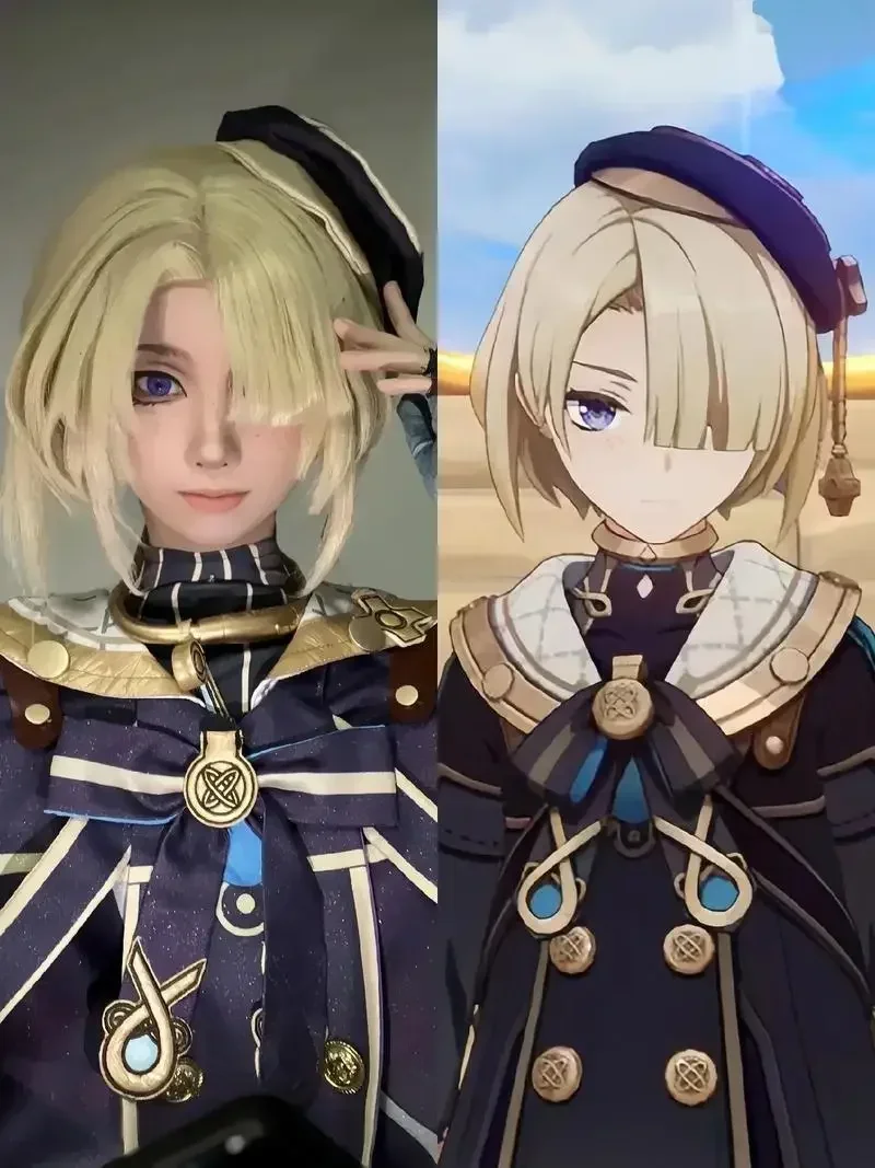 مجموعة كاملة من أزياء ألعاب الرسوم المتحركة التأثيرية من CosplayGenshin Impact Freminet، قبعة شعر مستعار، ملابس حفلات الهالوين
