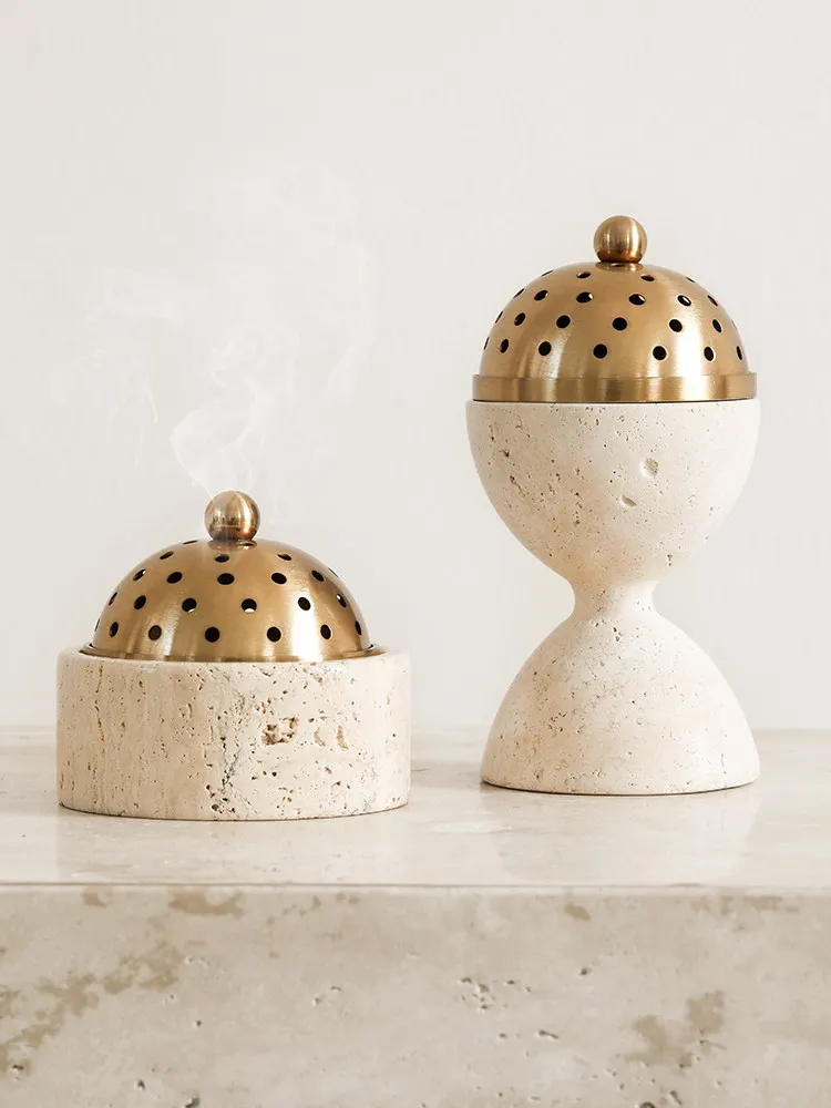 

Aromatherapy burner, natural travertine desktop decoration ornament, light luxury metal candle holder, model room