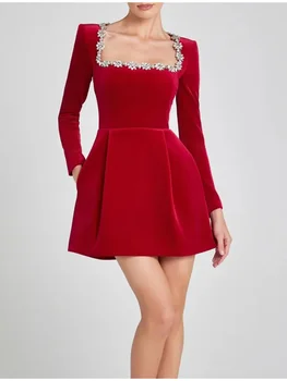 Vintage Rahat Şık Perçin Kadın Siyah Elbise Slash Boyun Fermuar Kadife Mini Elbise Moda 2024 Sonbahar Akşam Parti Kadın Elbiseler