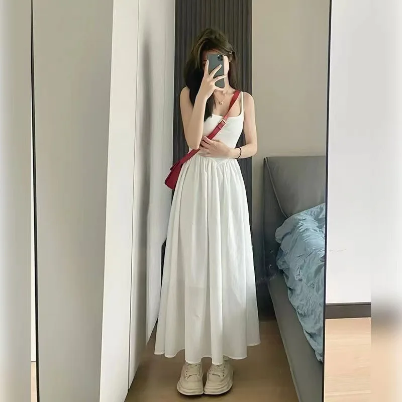 

White Strap Dress for Women Summer2024New Style Petite Slimming Gentle French First Love Spring Long Dress