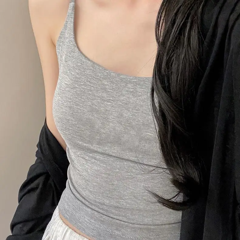 Summer New Style Small Strap Vest Women's Slim Fit  Color Short Top Wear Inner Chest Pad Beautiful Back Integrated