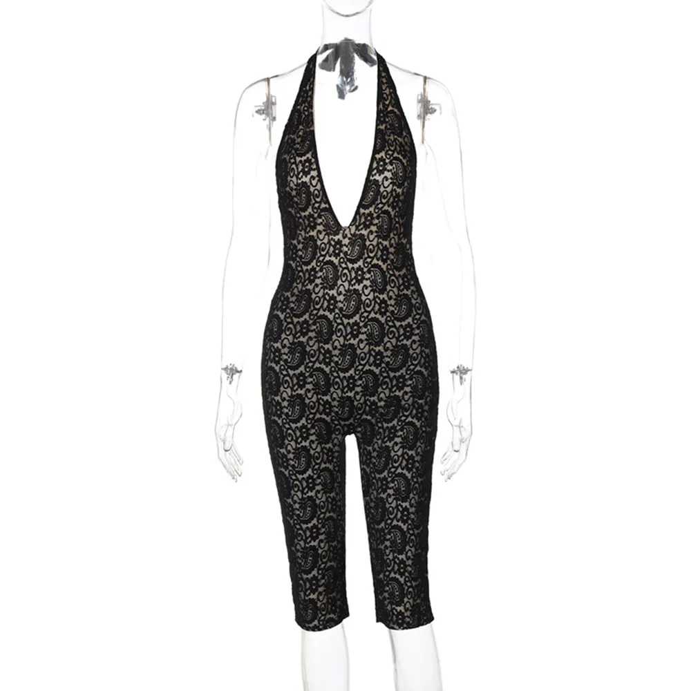 BKLD Women Clothing 2025 Spring Summer New Fashion Sexy Night Club Outfis Lace Patchwork Backless Halter Neck Lace-Up Jumpsuit