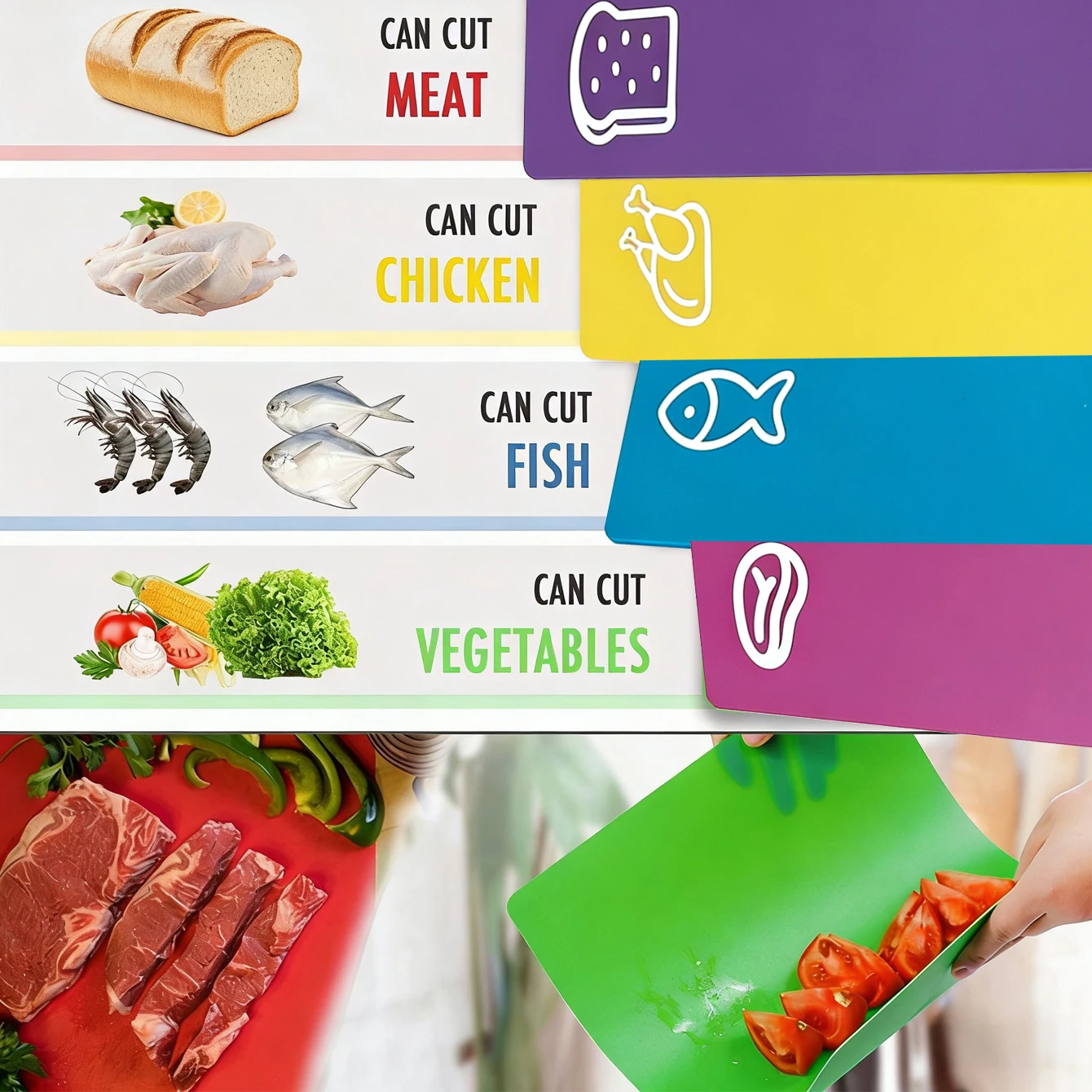 Icon style placemat, flexible plastic colored mat, cutting board, BPA free, non porous, non slip back, 4-piece set view 4