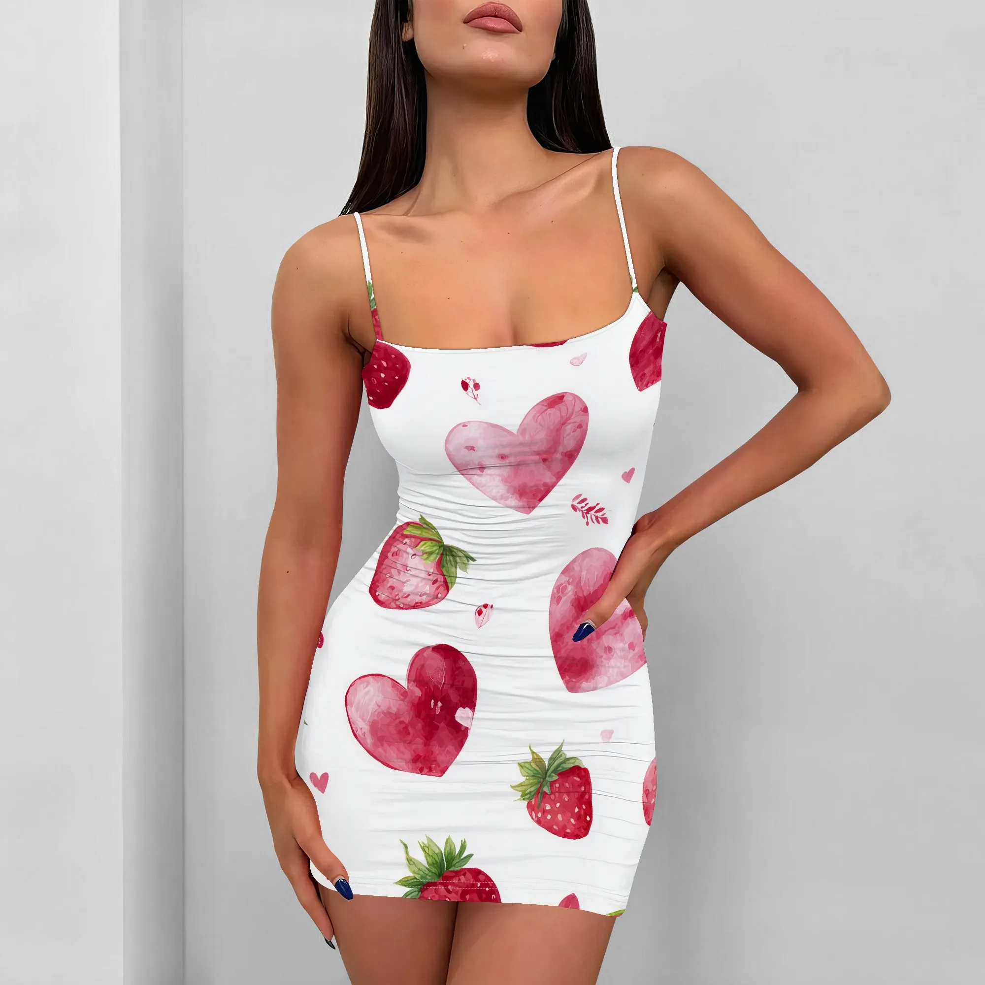 

Strawberry Heart Print Bodycon Dress, Spaghetti Strap, Cute Summer Casual Wear, Sizes S-3XL