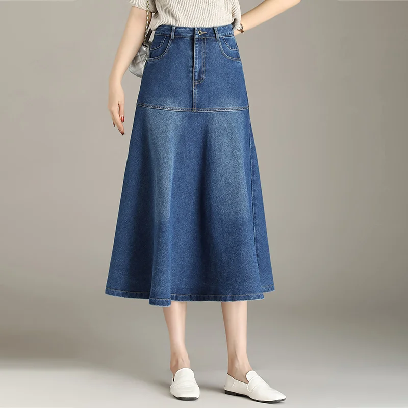 

2024 High Quality Classic Denim Blue Pocket Pleated Skirt For Women Fall Winter S-3XL Size Fashion Mid-Calf Skirt