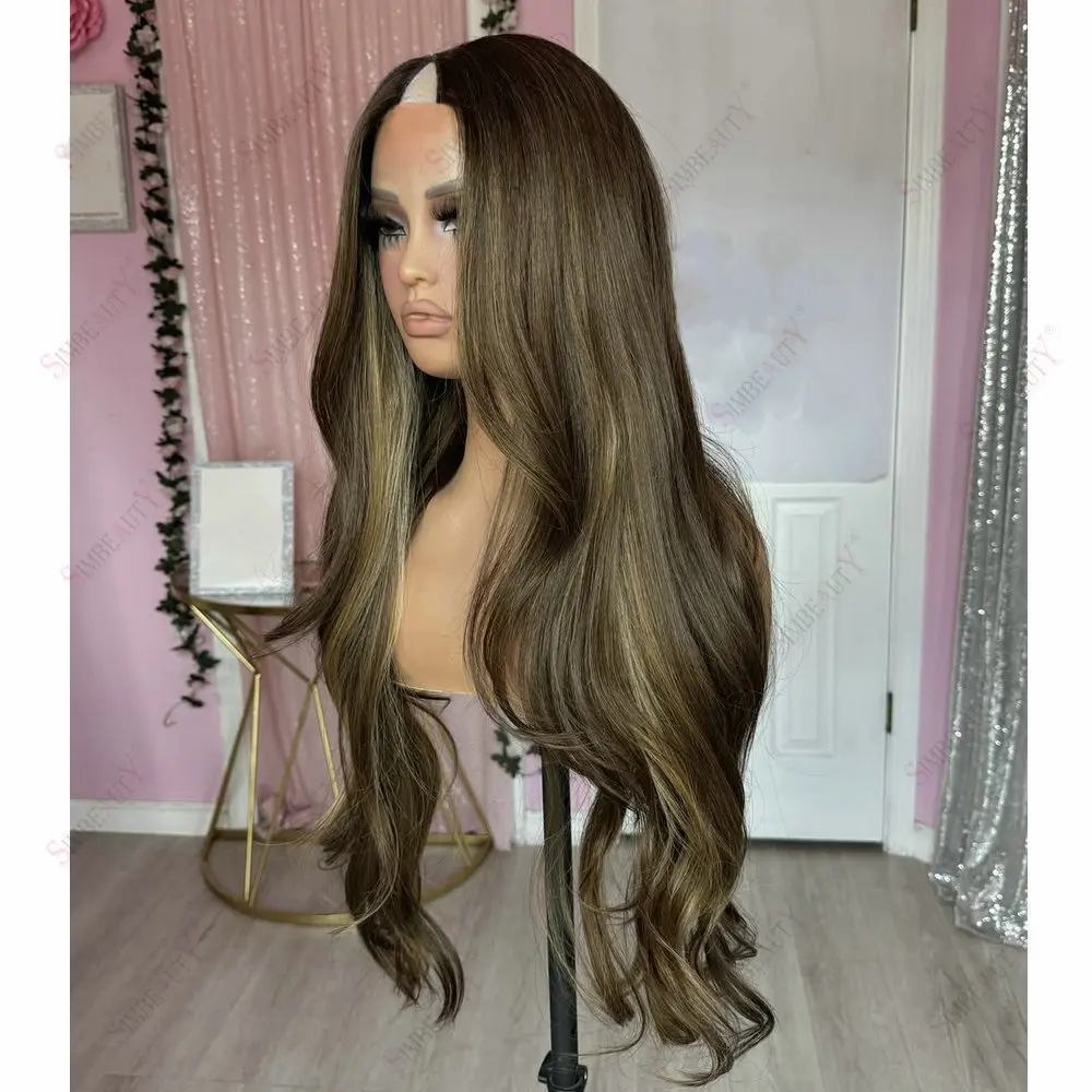 Klebefreie Clip-in 1x4 U-Part-Perücke aus Echthaar, leicht gewellt, mit Highlight-Farbe, Remy-Peruanisches Haar, einfach zu tragen, V-Part-Perücke für Damen – Detail 3