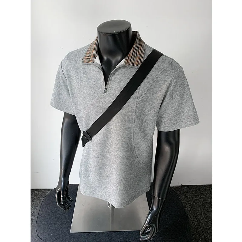 Men's Fashion Plaid Collar Half Zip Polo Shirt 2026 Summer Casual Short Sleeve Streetwear Tops