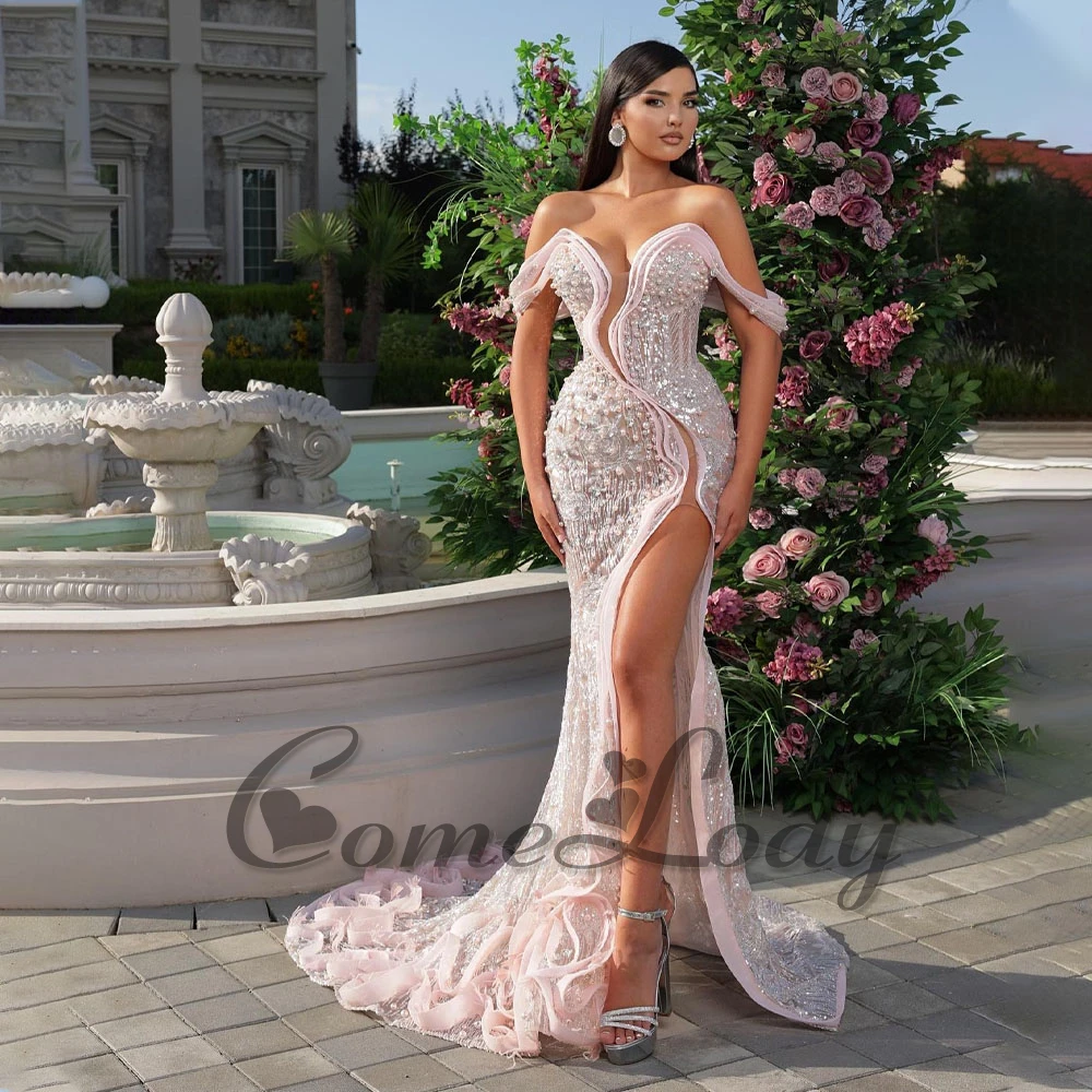 

Comelody Modern Off the Shoulder Evening Dresses Women Mermaid Beading Rhinestones Chapel Train Vestidos de Gala Custom Made