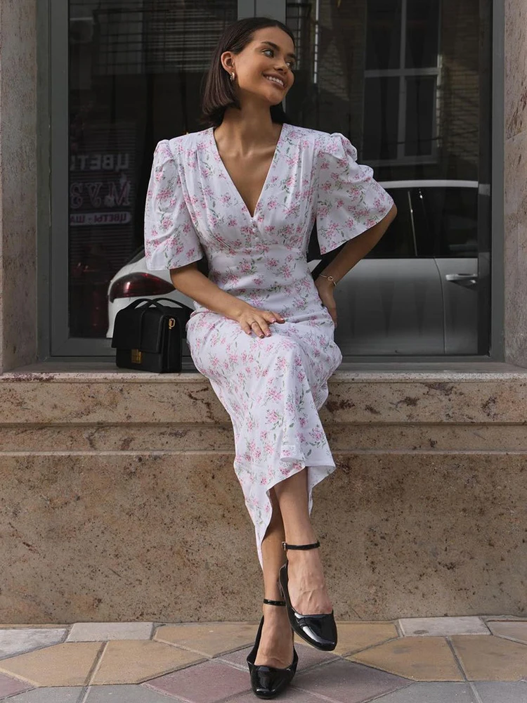 Abito lungo a maniche corte stampato da donna della nuova estate, abito casual, abbigliamento da donna, abiti floreali, abiti bianchi