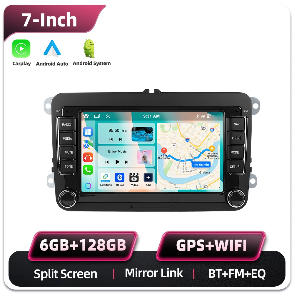 Podofo 7 Zoll 2 Din Autoradio Multimedia-Player 6+128G für Seat Altea/Toledo/Leon VW Golf/Passta/Jatta/Bora/Scirocco Skoda Fabia/Yeti/Roomster/Praktic Auto-Audiosystem Kabelloses Carplay Android Auto
