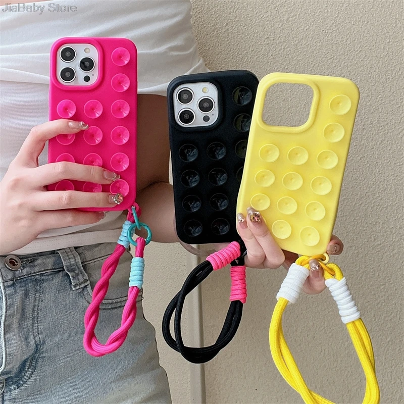 Liquid With Lanyard Soft Silicone Solid Color Large Hole Plain Suction Cup Phone Case For iPhone 11 12 13 14 15 16 Pro Max