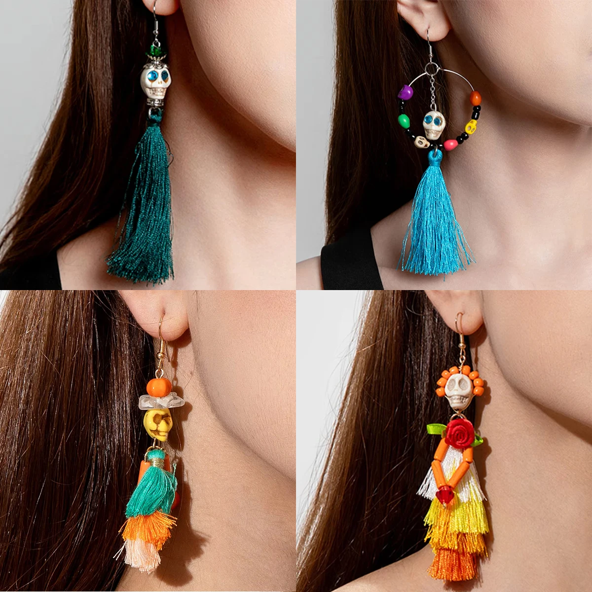 Docona Halloween Gift Personalized Skull Earrings Women Charm Handmade Beaded Colorful Tassel Skull Jewelry Holiday Gift