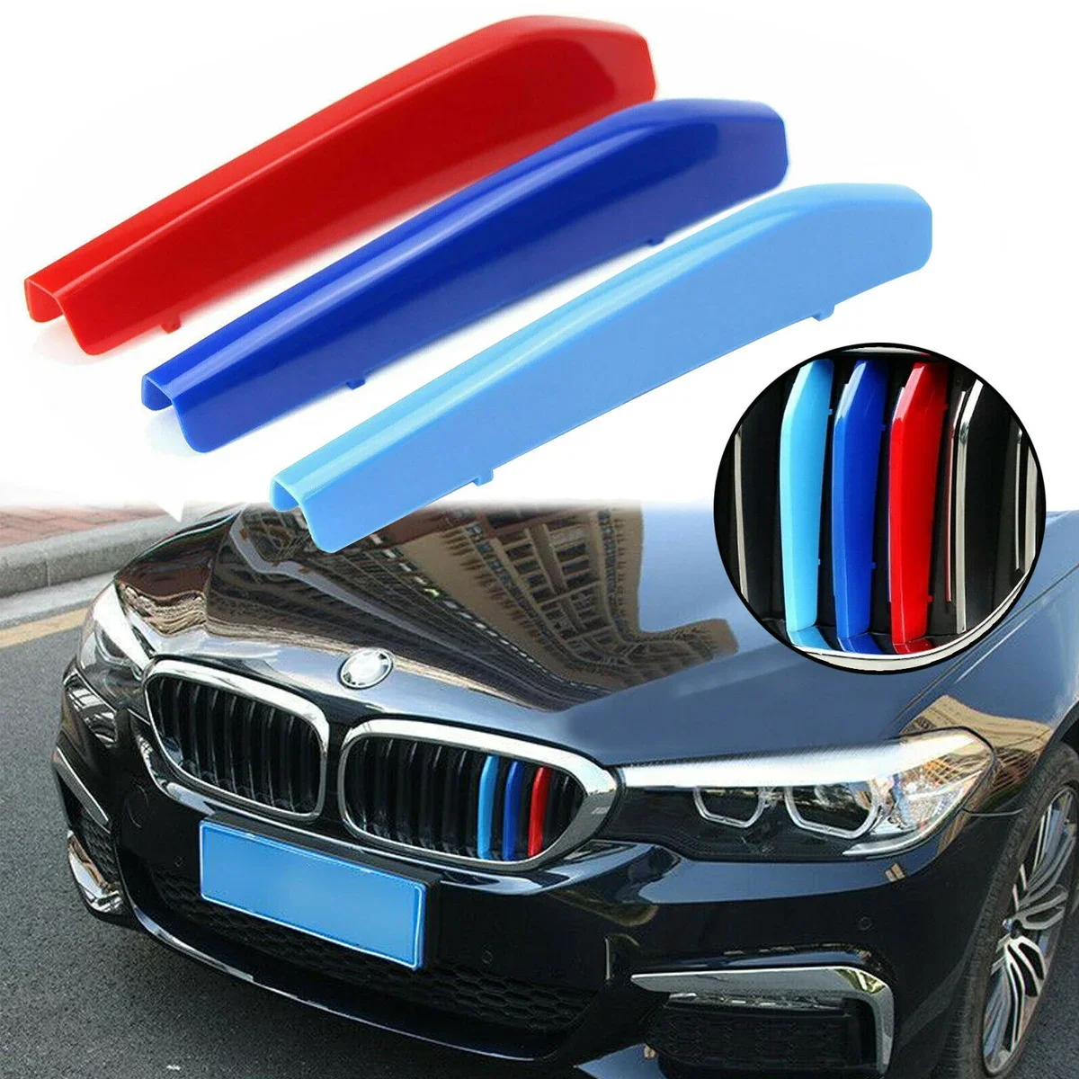 ///M Front Kidney Grille Strip Grill Cover Sticker for BMW 5 Series G30 G31 G38 530i 540i 520d 530d 2017 2018 9 Beam Car Styling