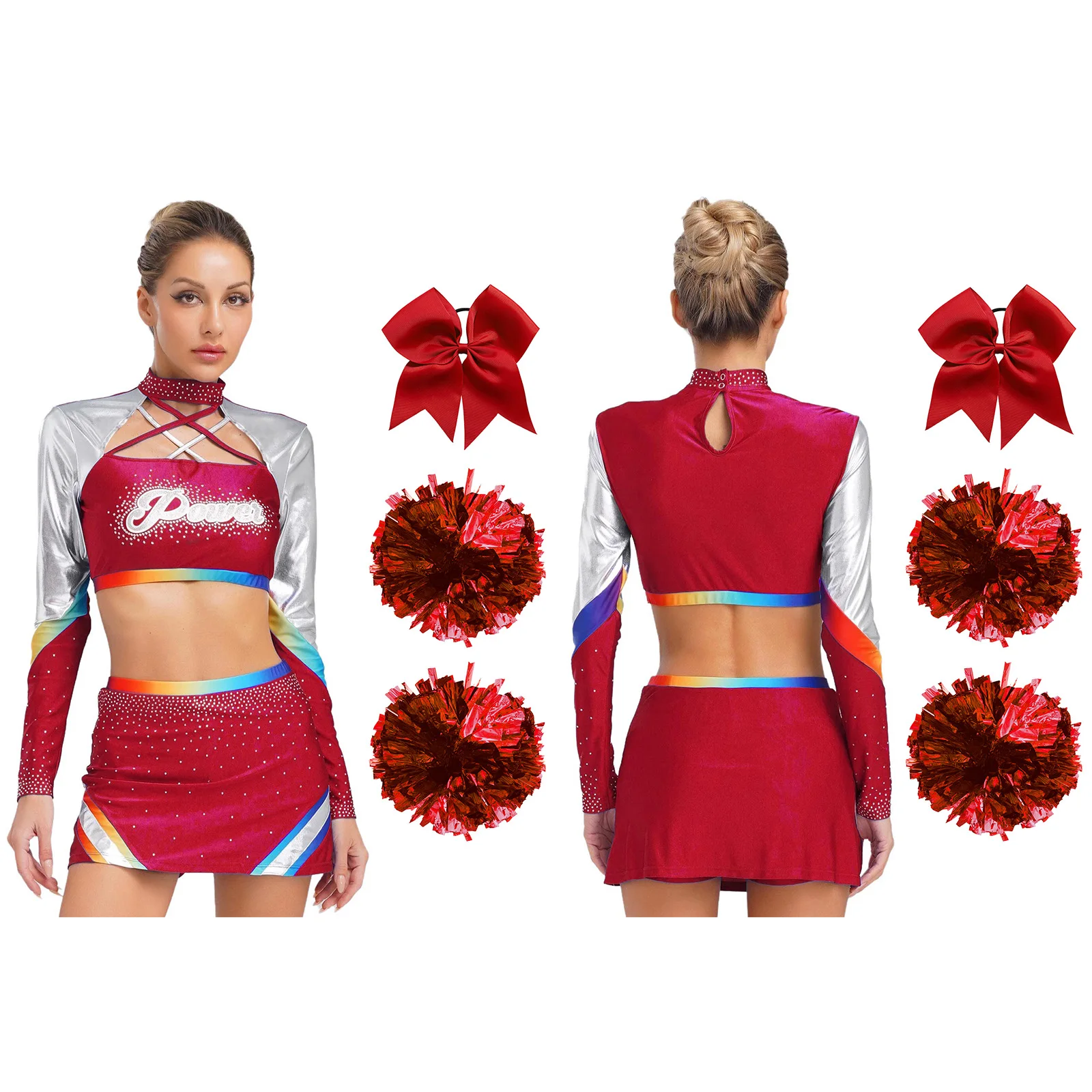 تنفس يهتف الزي الرسمي الرقص المحاصيل القمم مع تنورة التشجيع زهور اليد وربطات الشعر Bowknot 4 قطعة مجموعة المشجع #2