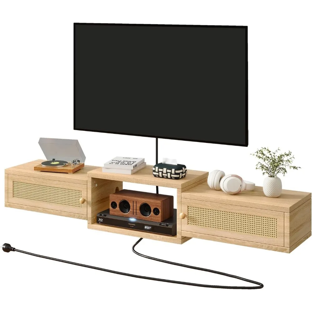 

Modern Rattan Floating TV Stand with Doors,Wall Mounted TV Shelf for TVs up to 55 Inches,Media Console Entertainment Cent