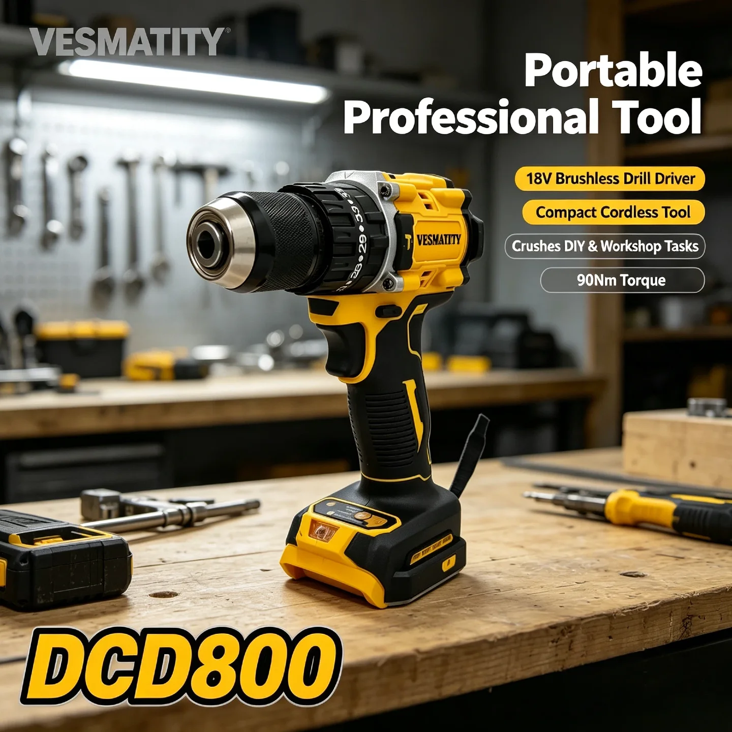 Vesmatity DCD800 18V Brushless Compact Drill Driver – 300W 2000RPM Cordless Power Tool for Home Workshop Pro Max