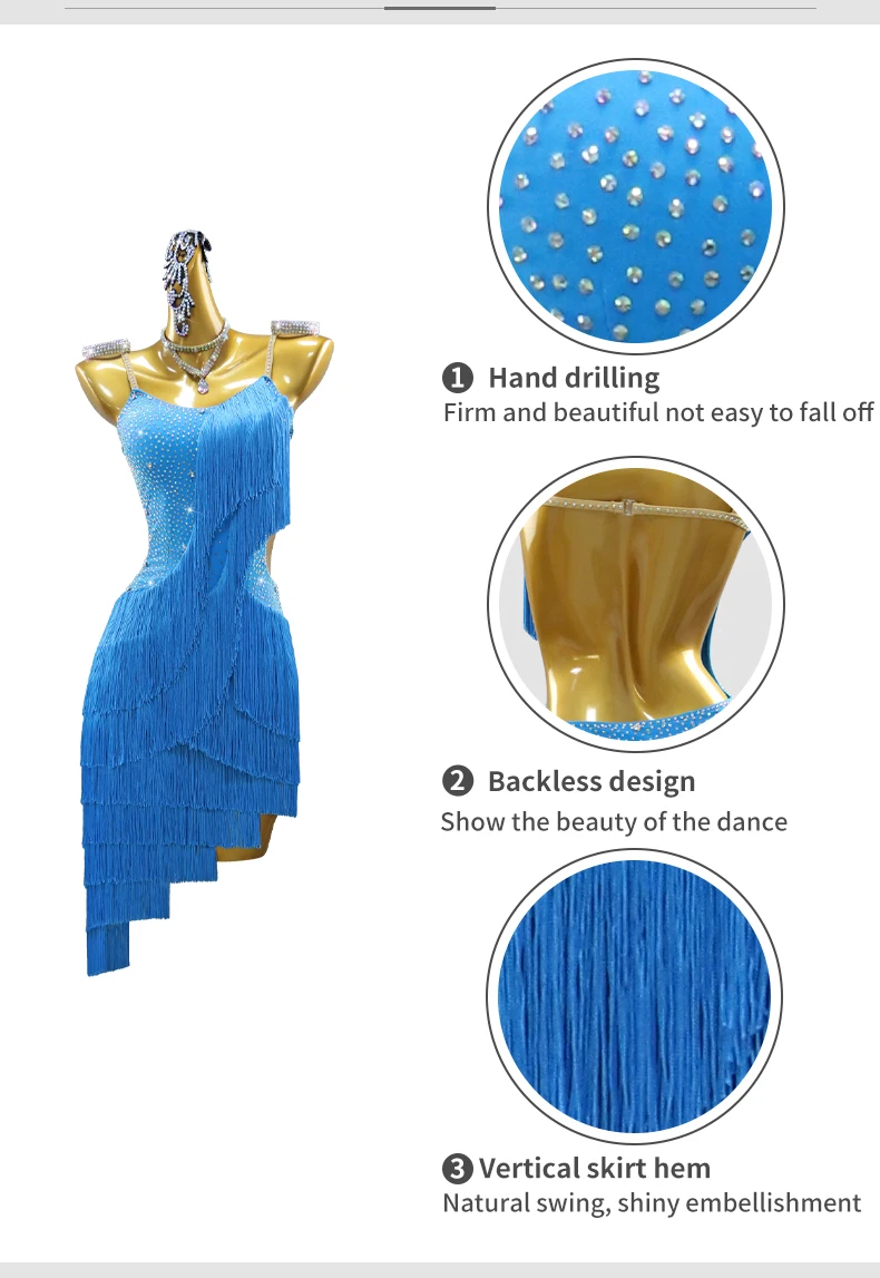 Lateinamerikanisches Tanzkleid, Mädchen-Ballsaal-Sportkostüme, Damen-Trainings- und Karnevalskleidung, weibliche Festtagsoutfits, Party- und Wettbewerbsanzüge. – Detail 6