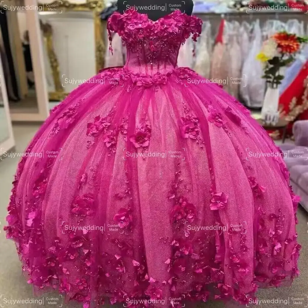 ชุดเดรสเจ้าหญิง Fuchsia รุ่น Quinceanera ชุดเดรส3D ลายดอกไม้ปักเปิดไหล่หวาน16ชุดคอร์เซ็ทโบว์ใหญ่ชุดเดอ15อัน