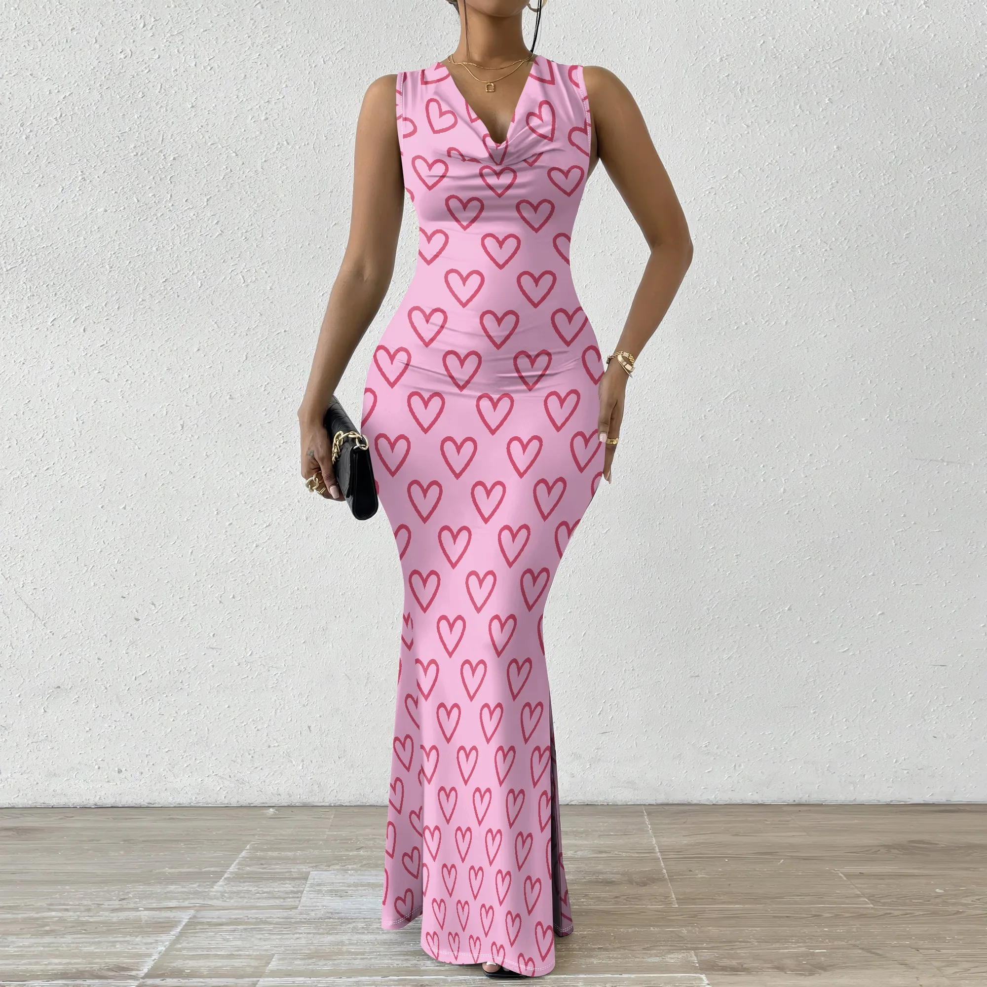 

Women's Mermaid Dress Fitted Cowl Neck Fishtail Dress XS-2XL Heart Print for Science Fiction Convention Fan Gathering