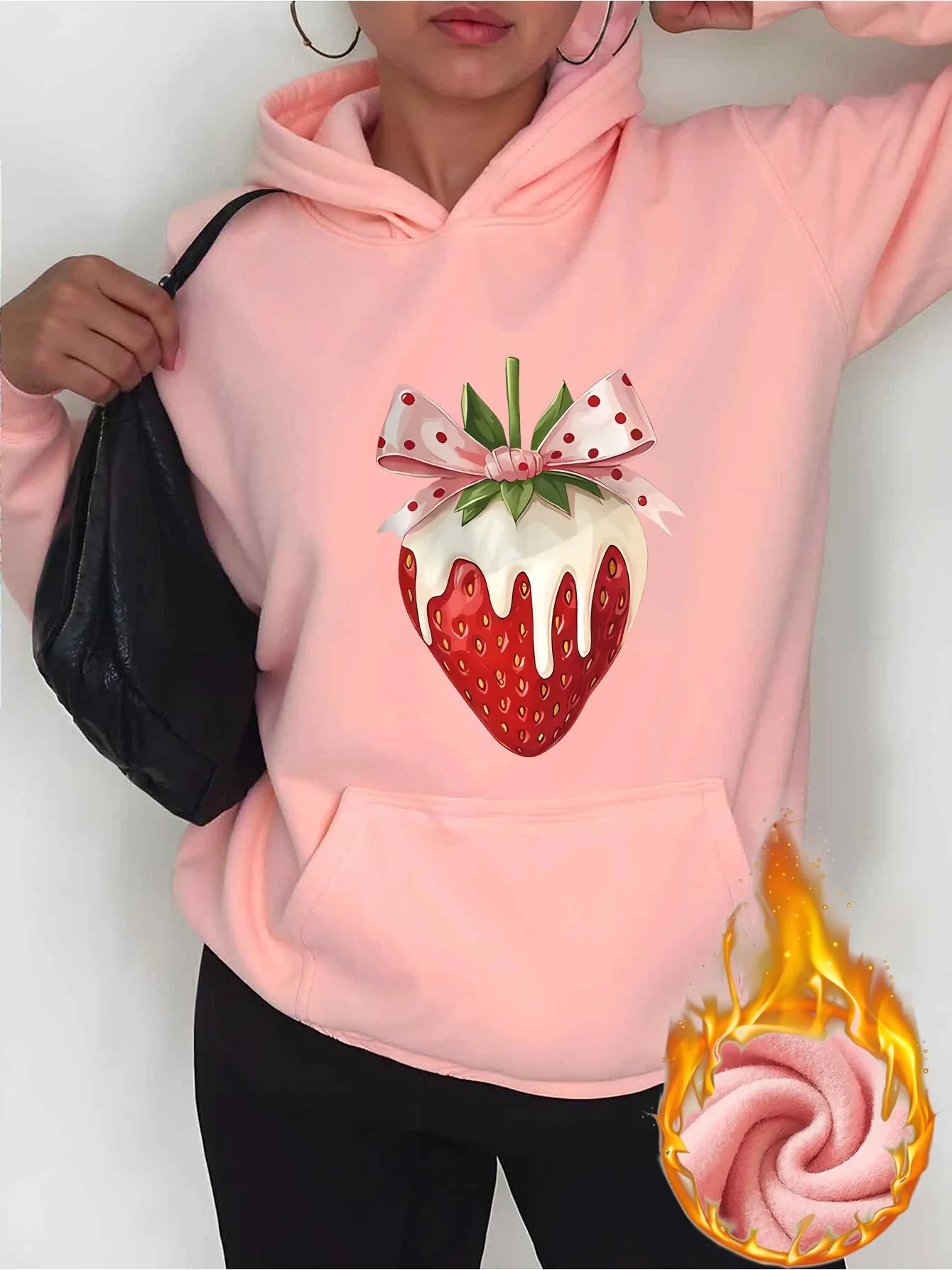 

Женская повседневная толстовка с капюшоном и клубничным принтом с бантом, удобный пуловер с милым мультяшным узором, повседневная одежда, толстовка Y2K Top