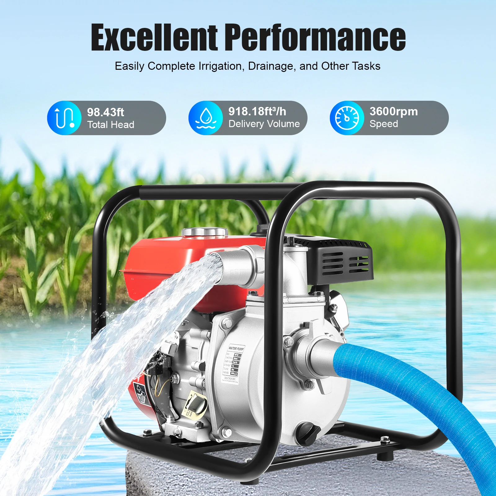 7.5HP Gas Powered Water Transfer Pump 4-Stroke 2in Inlet Outlet High Head Engine Water Pump for Farm Irrigation Drainage