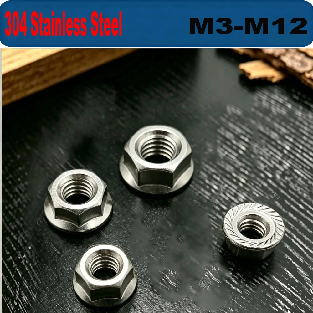 DIN6923 A2-70 304 Stainless Steel Serrated Flange Nut M3-M12 Anti Slip Hex Lock Flange Nuts 5-50Pcs