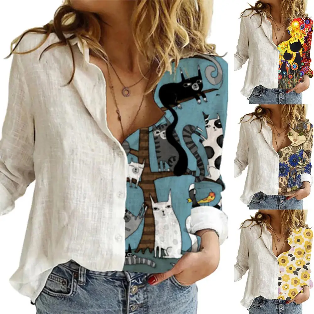 Camisa feminina com estampa patchwork, gola virada para baixo, manga comprida, peito único, casual roupa de escritório, moda, nova