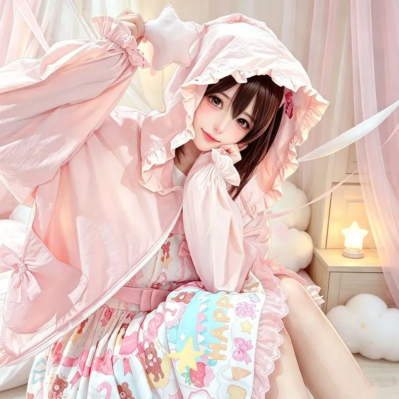 Japanese New Kawaii Cute Loose Short Cardigan Top Summer Thin Lace Pleated Bow Sunscreen Shirt Sweet Lolita Hooded Coat Women