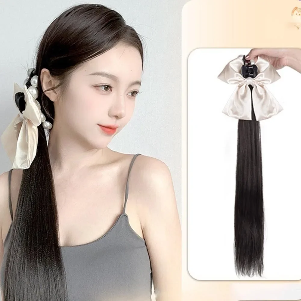 Pince à cheveux synthétique pour femme, nœud papillon naturel, torsades tressées, perruques droites à clipser, simulation de fausse queue de cheval, extension de cheveux